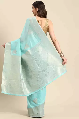 Silk Land  Blue   Woven Design Cotton Blend Saree 