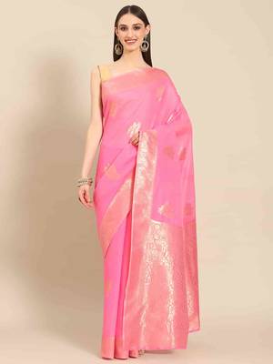 Silk Land  Pink   Woven Design Cotton Blend Saree  1
