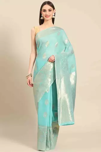 Silk Land  Blue   Woven Design Cotton Blend Saree 