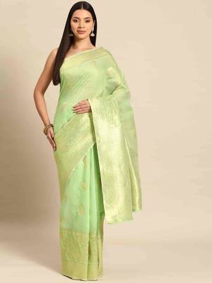 Silk Land  Green   Woven Design Cotton Blend Saree  1