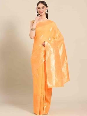 Silk Land  Orange   Woven Design Cotton Blend Saree  1