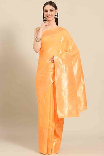 Silk Land  Orange   Woven Design Cotton Blend Saree 