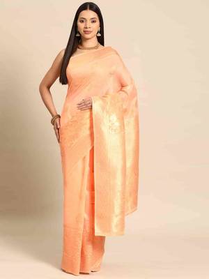 Silk Land  Peach   Woven Design Cotton Blend Saree  1