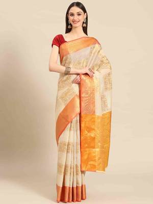 Silk Land  Beige   Embellished Jute Silk Blend Saree  1