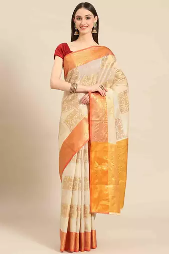Silk Land  Beige   Embellished Jute Silk Blend Saree 