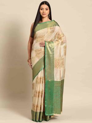 Silk Land  Beige   Embellished Jute Silk Blend Saree  1