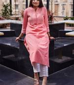 Hatheli lace insert floral embroidered a-line cotton kurta