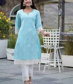 Hatheli lace insert ethnic motifs printed a-line cotton kurta