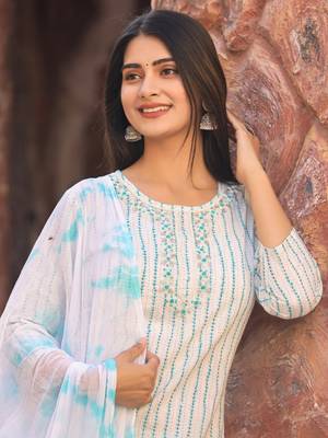 Hatheli striped bead work pure cotton kurta with trousers  dupatta 1