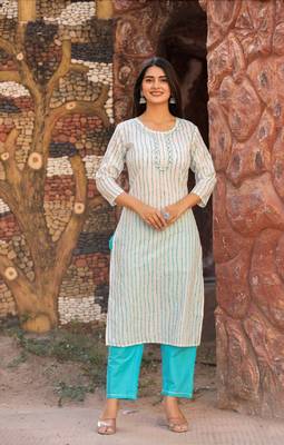 Hatheli striped bead work pure cotton kurta with trousers  dupatta 2