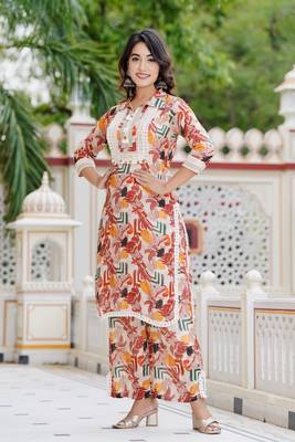 Hatheli floral printed shirt collar thread work kurta with trousers 2