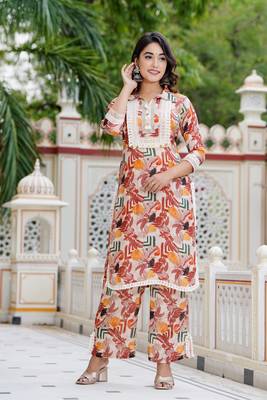Hatheli floral printed shirt collar thread work kurta with trousers 4