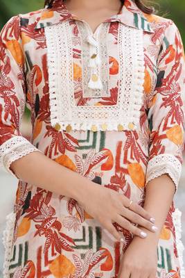 Hatheli floral printed shirt collar thread work kurta with trousers 5