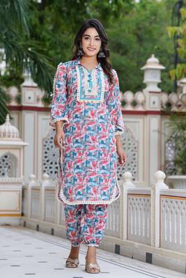 Hatheli floral printed shirt collar thread work kurta with trousers 1