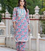Hatheli floral printed shirt collar thread work kurta with trousers