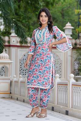 Hatheli floral printed shirt collar thread work kurta with trousers 2