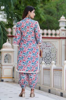 Hatheli floral printed shirt collar thread work kurta with trousers 3