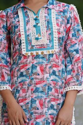 Hatheli floral printed shirt collar thread work kurta with trousers 4
