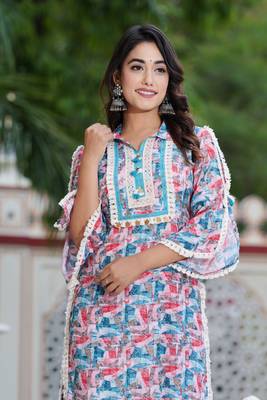 Hatheli floral printed shirt collar thread work kurta with trousers 5