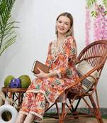 Hatheli floral printed shirt collar thread work kurta with trousers