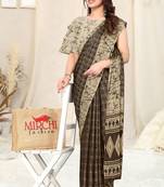 Brown chiffon block print/ geometric print saree with unstitched blouse piece