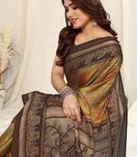 Mustard Chiffon Abstract Print/ Peacock Print Saree With Unstitched Blouse Piece