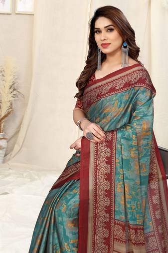 Dusty turquoise chiffon abstract print/ peacock print saree with unstitched blouse piece