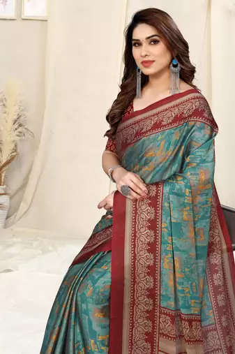 Dusty turquoise chiffon abstract print/ peacock print saree with unstitched blouse piece