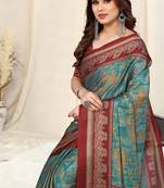 Dusty turquoise chiffon abstract print/ peacock print saree with unstitched blouse piece