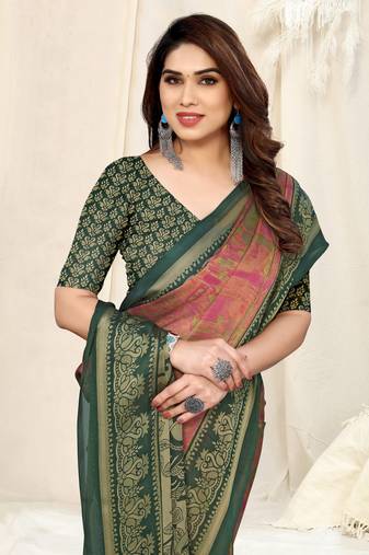 Dusty Orange Chiffon Abstract Print/ Peacock Print Saree With Unstitched Blouse Piece