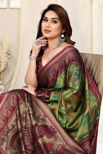 Green Chiffon Abstract Print/ Peacock Print Saree With Unstitched Blouse Piece