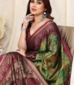 Green Chiffon Abstract Print/ Peacock Print Saree With Unstitched Blouse Piece
