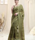 Olive green cotton blend block print/ geometric print silver zari border saree with unstitched blouse piece