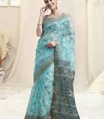 Turquoise Kota Doria Geometric Print Copper Zari Border Saree With Unstitched Blouse Piece