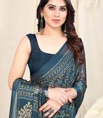 Navy Blue Chiffon Block Print/ Ethnic Motifs Saree With Unstitched Blouse Piece