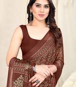 Maroon Chiffon Block Print/ Ethnic Motifs Saree With Unstitched Blouse Piece
