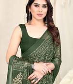 Olive Green Chiffon Block Print/ Ethnic Motifs Saree With Unstitched Blouse Piece