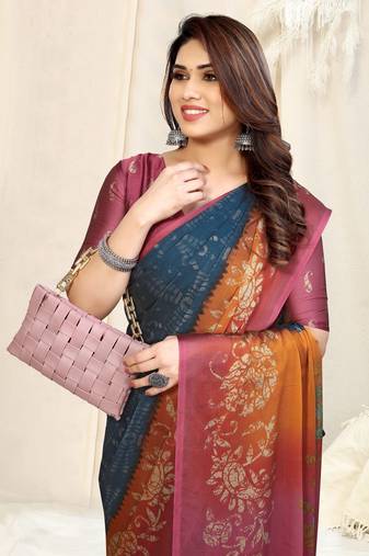 Navy blue chiffon shibori print/ paisley print saree with unstitched blouse piece
