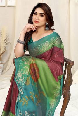 Maroon chiffon shibori print/ paisley print saree with unstitched blouse piece 1