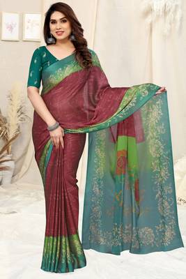 Maroon chiffon shibori print/ paisley print saree with unstitched blouse piece 2