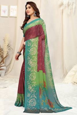 Maroon chiffon shibori print/ paisley print saree with unstitched blouse piece 3