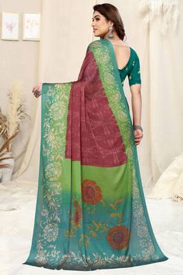 Maroon chiffon shibori print/ paisley print saree with unstitched blouse piece 4