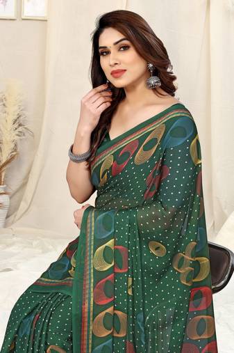 Green Chiffon Geometric Print Saree With Unstitched Blouse Piece