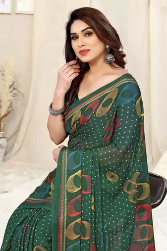 Green Chiffon Geometric Print Saree With Unstitched Blouse Piece