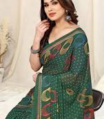 Green Chiffon Geometric Print Saree With Unstitched Blouse Piece