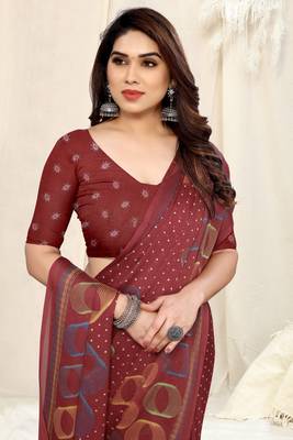 Maroon Chiffon Geometric Print Saree With Unstitched Blouse Piece 1