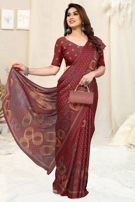 Maroon Chiffon Geometric Print Saree With Unstitched Blouse Piece 2