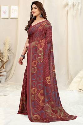 Maroon Chiffon Geometric Print Saree With Unstitched Blouse Piece 3