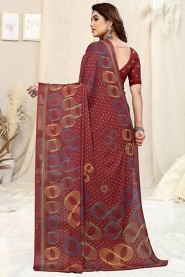 Maroon Chiffon Geometric Print Saree With Unstitched Blouse Piece 4