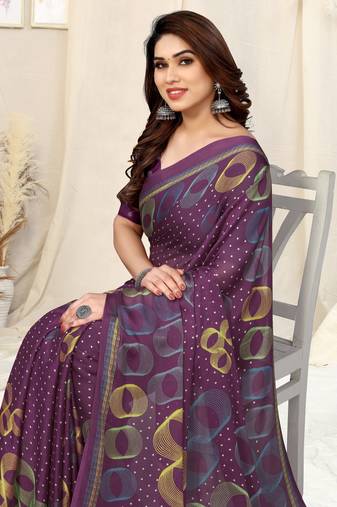 Purple Chiffon Geometric Print Saree With Unstitched Blouse Piece